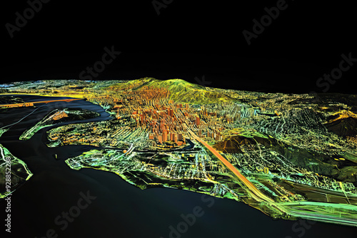 Technical aerial visual, 3D LiDAR GIS aerial map satellite scan model isolated, showing Daly City. Elevation, topography, render photo