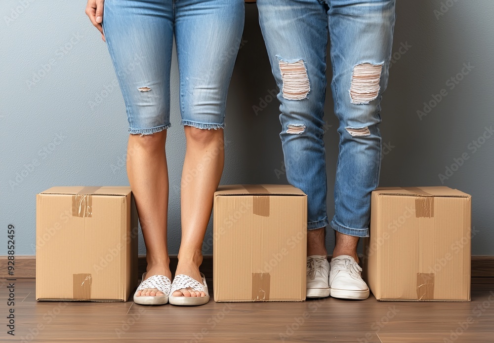 A couple celebrates moving into their new home by lifting the woman's leg over the man's. A couple celebrates moving into their new home by lifting the woman's leg over the man's.