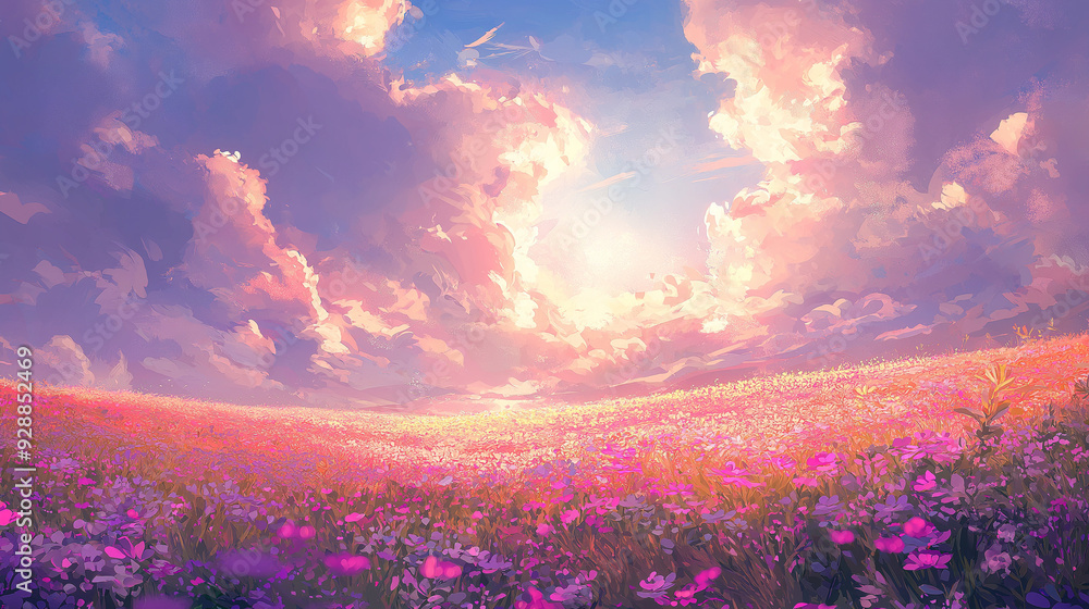 Anime-style flower field under a bright sk Anime-style flower field under a bright sk