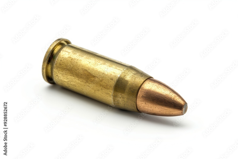 Bullet. Close-up of 9mm Caliber Bullet with White Background Bullet. Close-up of 9mm Caliber Bullet with White Background