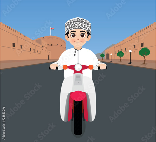 Omani boy from Nizwa drives a motorcycle with Nizwa fort background photo