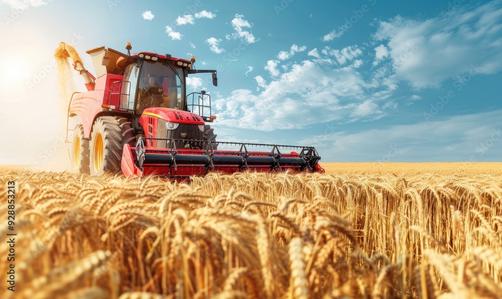 Fototapeta premium A red tractor is efficiently harvesting golden wheat in a field under a clear blue sky during a bright sunny day