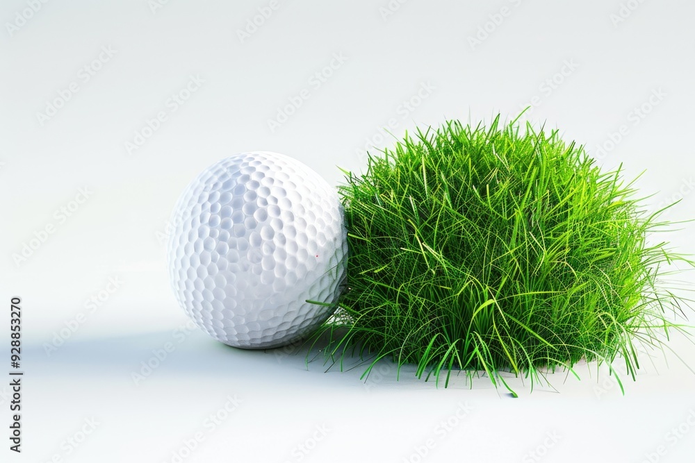 A white golf ball sitting next to a pile of lush green grass, great for sports and outdoor themed projects A white golf ball sitting next to a pile of lush green grass, great for sports and outdoor themed projects