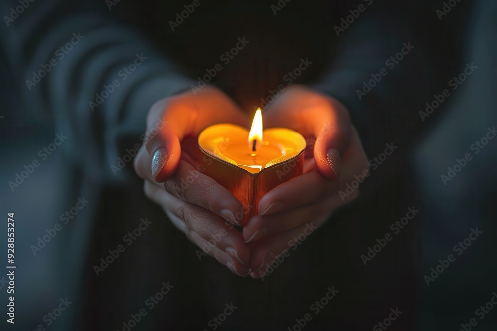 © Vlad - Burning Candle Held by Hands in Dark with Selective Focus on Heart Shape Glow
