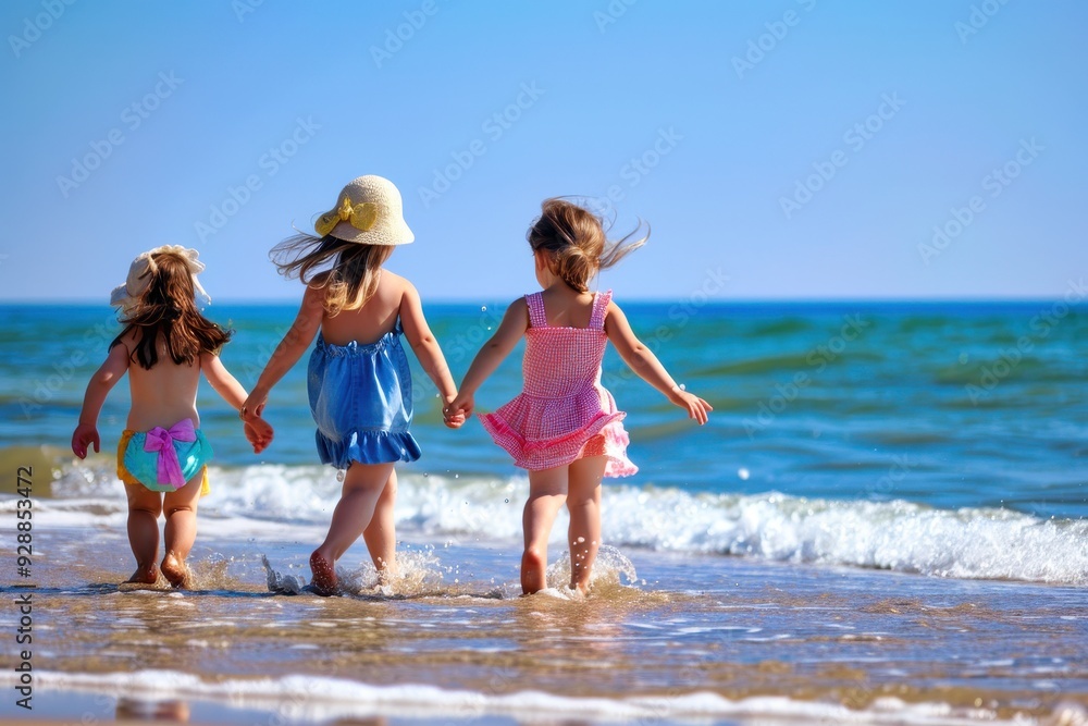 Three young girls enjoying a sunny beach day while splashing in the ocean waves during summer Three young girls enjoying a sunny beach day while splashing in the ocean waves during summer