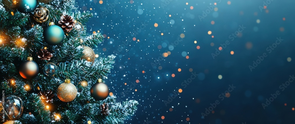 Fototapeta premium Christmas tree with colorful decorations on dark blue background with bokeh lights and copy space for your text.