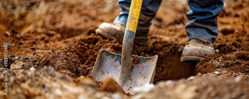 shovel being used to dig into the earth, capturing the essence of labor and manual work in digging and construction