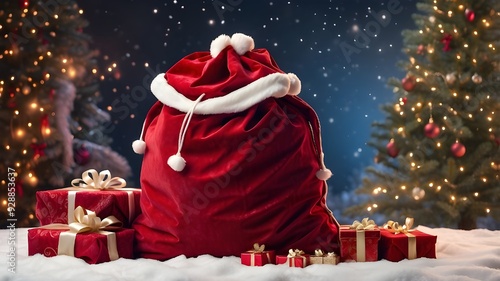  A large red velvet Santa sack overflowing with wrapped gifts, set against a snowy backdrop with a glowing Christmas tree nearby. - photo