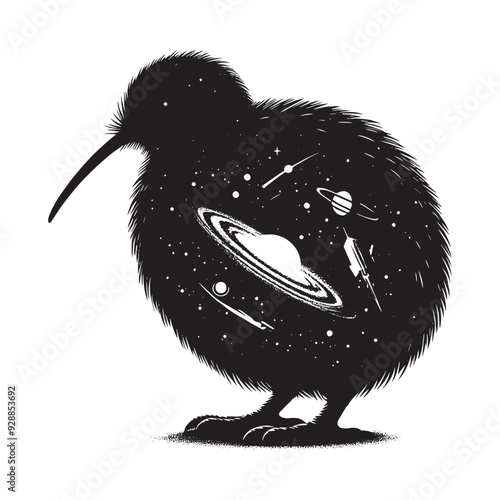 silhouette of kiwi bird filled with space and sci-fi element in rough drawing