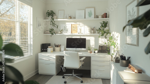 Bright and airy home office with plants and organized shelving in the afternoon sunlight