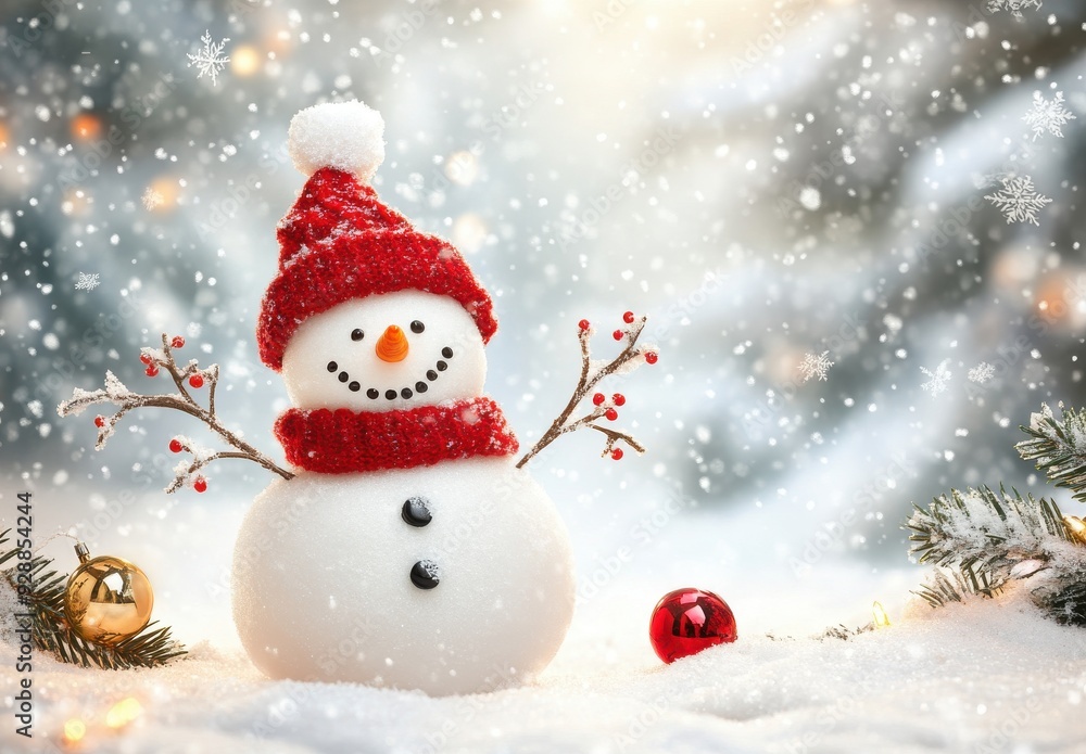 happy snowman character with branches and red hat in hand, standing on the white winter background happy snowman character with branches and red hat in hand, standing on the white winter background