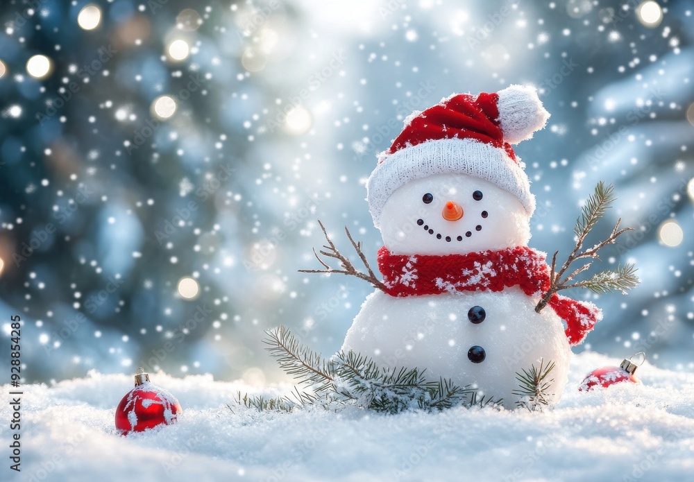 happy snowman character with branches and red hat in hand, standing on the white winter background happy snowman character with branches and red hat in hand, standing on the white winter background