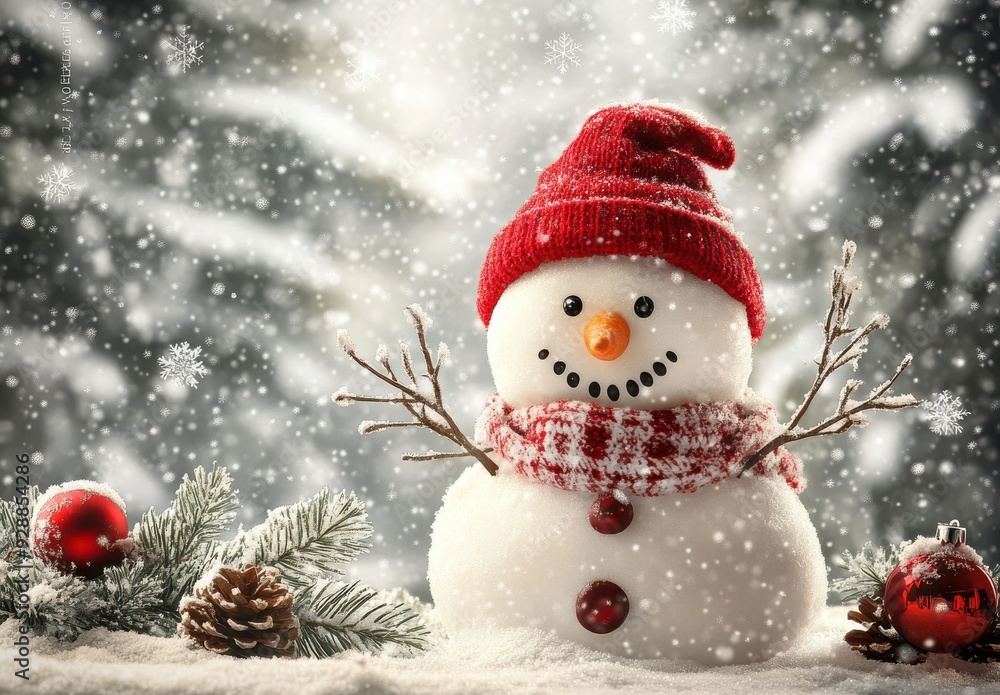 happy snowman character with branches and red hat in hand, standing on the white winter background happy snowman character with branches and red hat in hand, standing on the white winter background