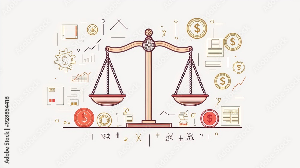 Illustrative balance scale surrounded by financial icons, symbolizing justice in economics and business. Illustrative balance scale surrounded by financial icons, symbolizing justice in economics and business.