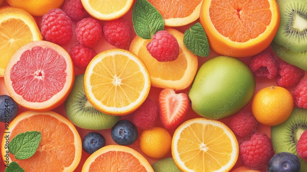 A vibrant assortment of fresh fruits including oranges, kiwis, and berries arranged beautifully on a wooden surface. A vibrant assortment of fresh fruits including oranges, kiwis, and berries arranged beautifully on a wooden surface.