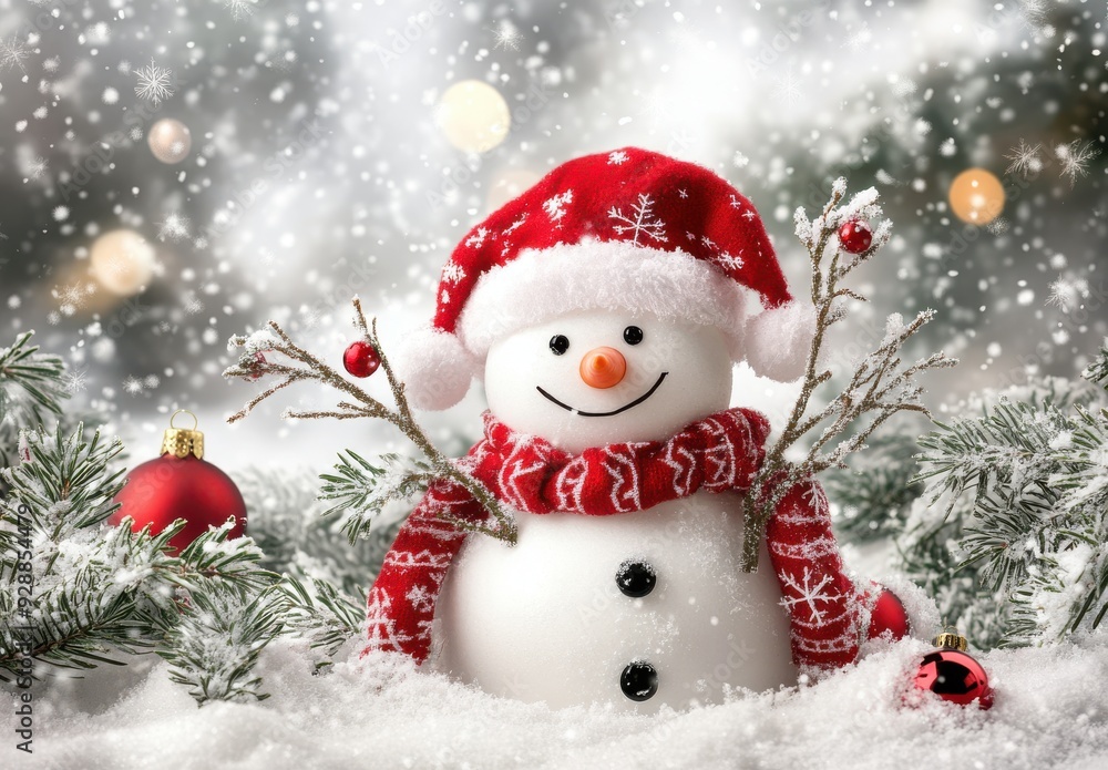 happy snowman character with branches and red hat in hand, standing on the white winter background happy snowman character with branches and red hat in hand, standing on the white winter background