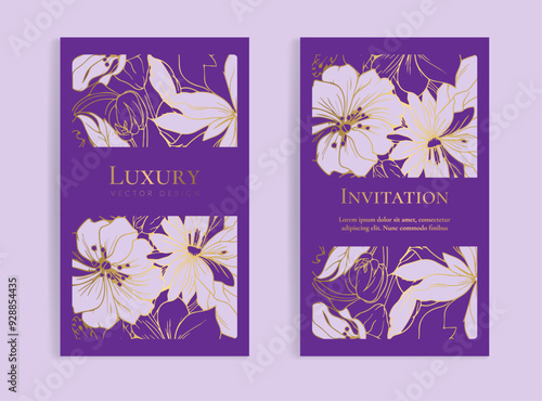 Purple and gold luxury invitation card design with vector ornament pattern. Vintage template. Can be used for background and wallpaper. Elegant and classic vector elements great for decoration.