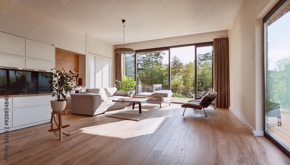 Fototapeta premium Modern Minimalist Living Room with Wooden Floors and Large Windows
