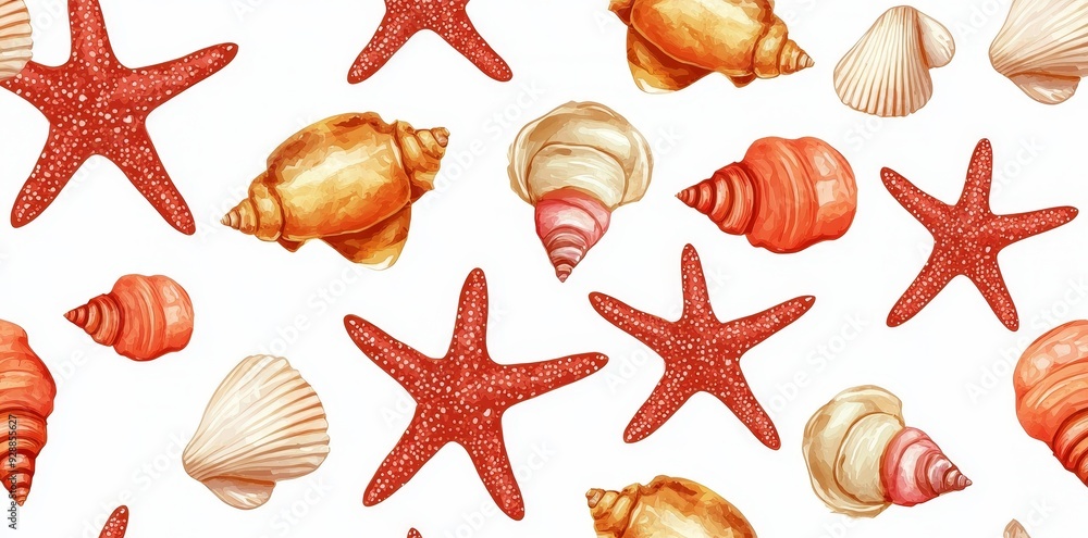 White background with seashells and starfishes painted in watercolor White background with seashells and starfishes painted in watercolor