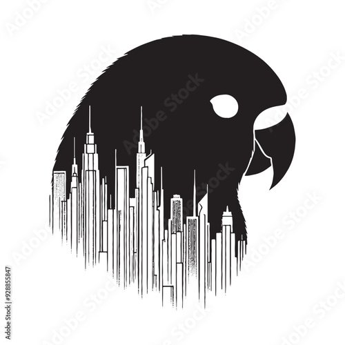 silhouette of Lovebird filled with cityline in rough drawing