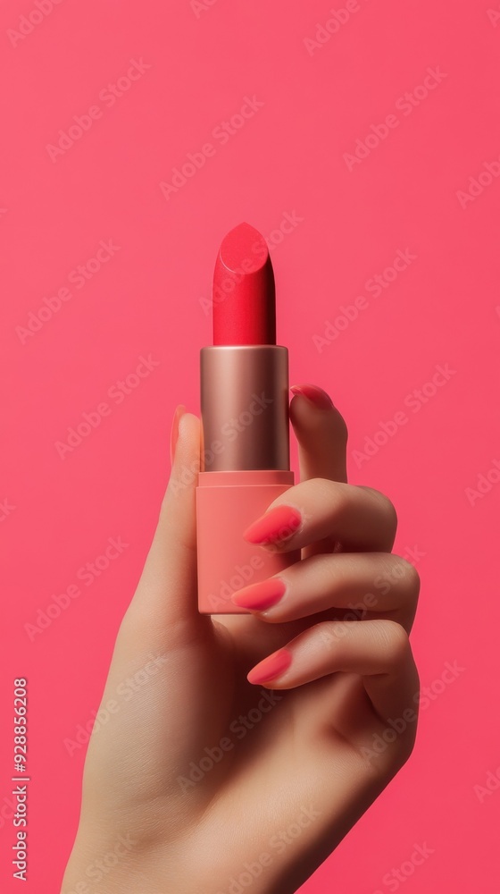 Vibrant Red Lipstick in Hand Against a Soft Pink Background Vibrant Red Lipstick in Hand Against a Soft Pink Background