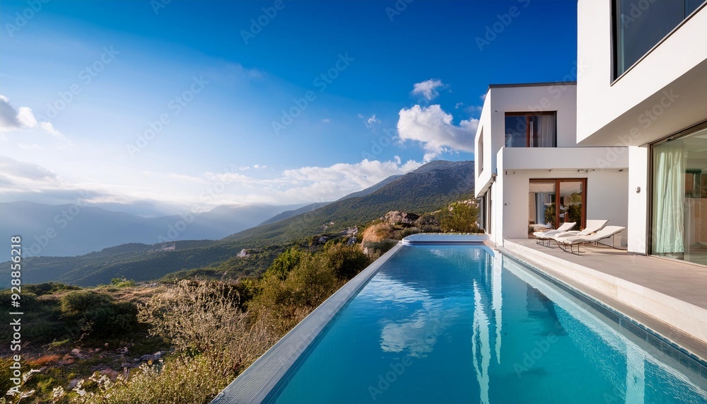 Fototapeta premium Modern White House with Infinity Pool and Mountain View