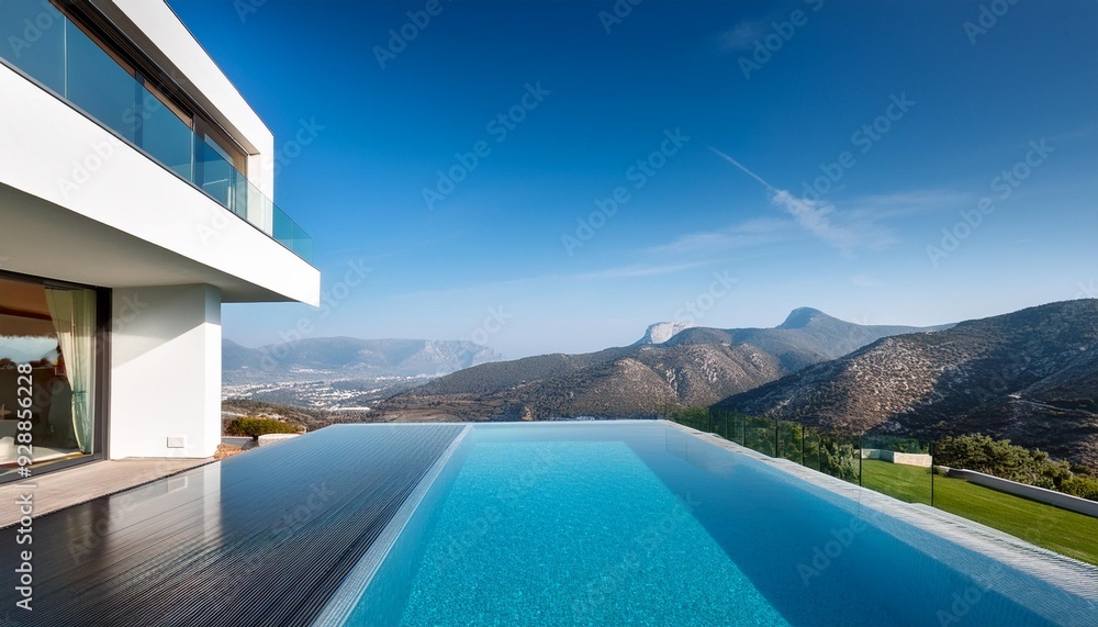 Fototapeta premium Modern White House with Infinity Pool and Mountain View