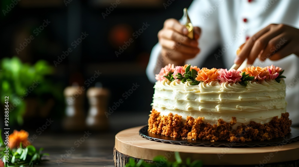 A chef decorating a cake, piping icing and adding edible flowers for a stunning presentation A chef decorating a cake, piping icing and adding edible flowers for a stunning presentation