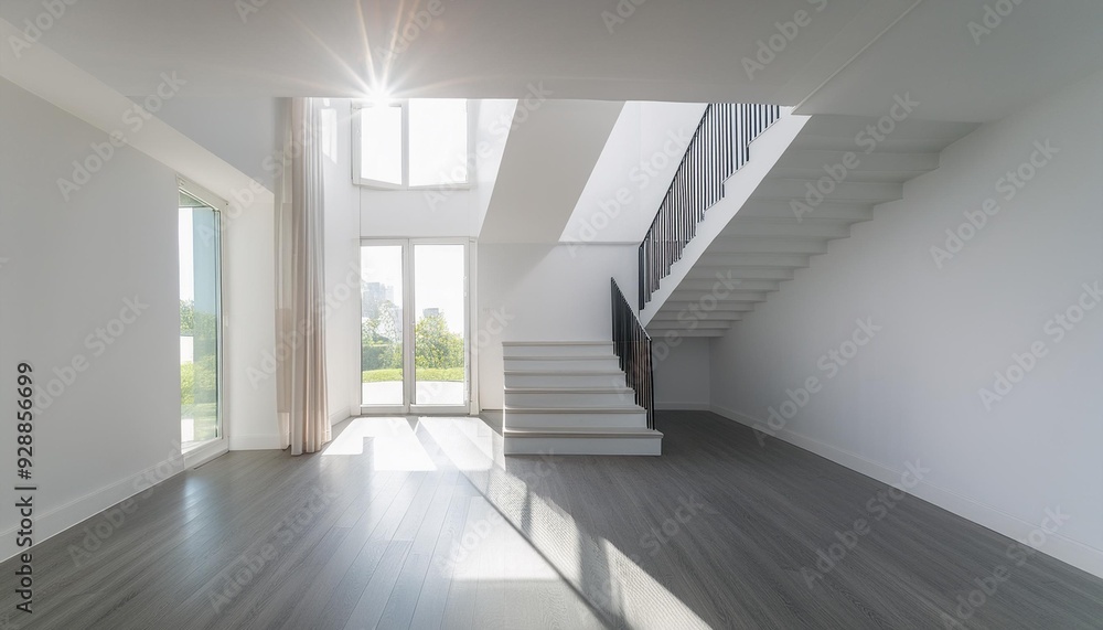 Fototapeta premium Modern White Interior Design with Stairs and Sunlight