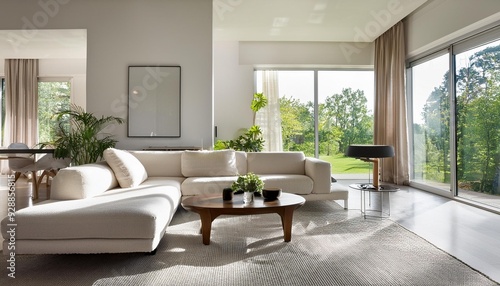 Modern White Living Room Interior Design With Large Windows