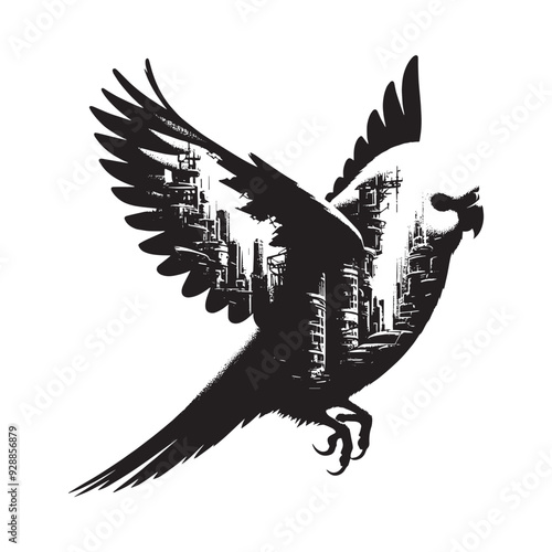 silhouette of Lovebird filled with destroyed futuristic dystopia environment in rough drawing