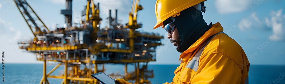 Offshore oil rig worker in full safety gear intently using a tablet