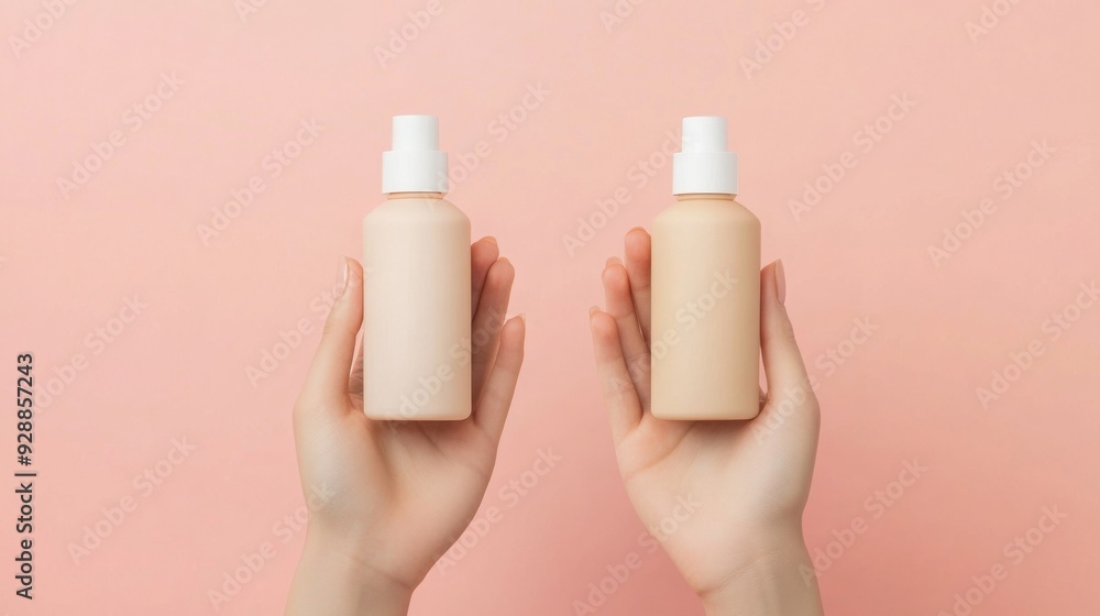 Hands Holding Skincare Products in Elegant Beige Bottles with Coral Background Hands Holding Skincare Products in Elegant Beige Bottles with Coral Background