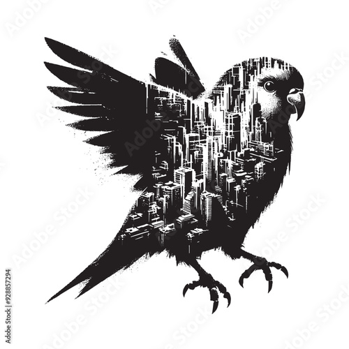 silhouette of Lovebird filled with destroyed futuristic dystopia environment in rough drawing