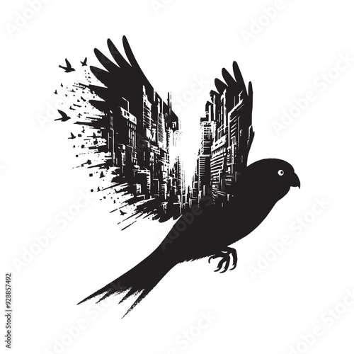 silhouette of Lovebird filled with destroyed futuristic dystopia environment in rough drawing