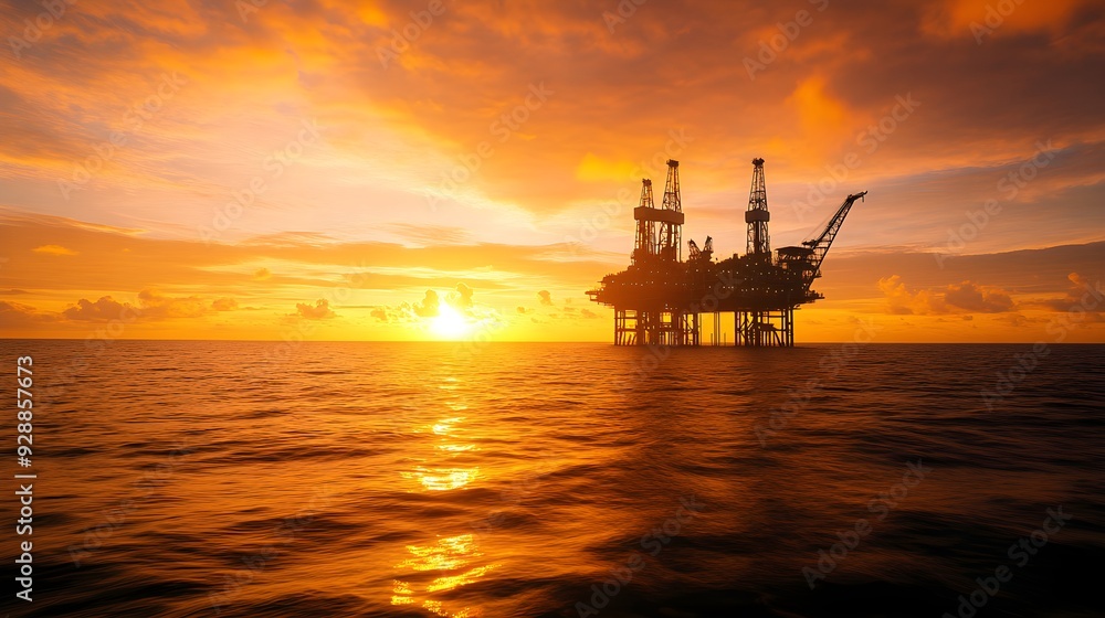 Majestic view of an offshore oil platform silhouetted against a vibrant sunset, with the golden sky reflecting on the calm ocean waters Majestic view of an offshore oil platform silhouetted against a vibrant sunset, with the golden sky reflecting on the calm ocean waters