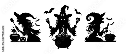 Collection of Halloween witch silhouettes are cooking a potion in a cauldron. Halloween decorations silhouette black filled vector Illustration icon.