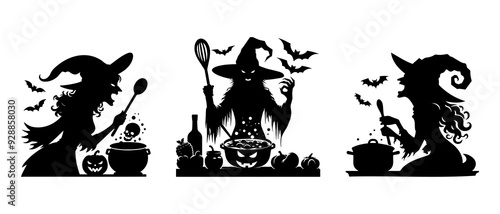 Collection of Halloween witch silhouettes are cooking a potion in a cauldron. Halloween decorations silhouette black filled vector Illustration icon.