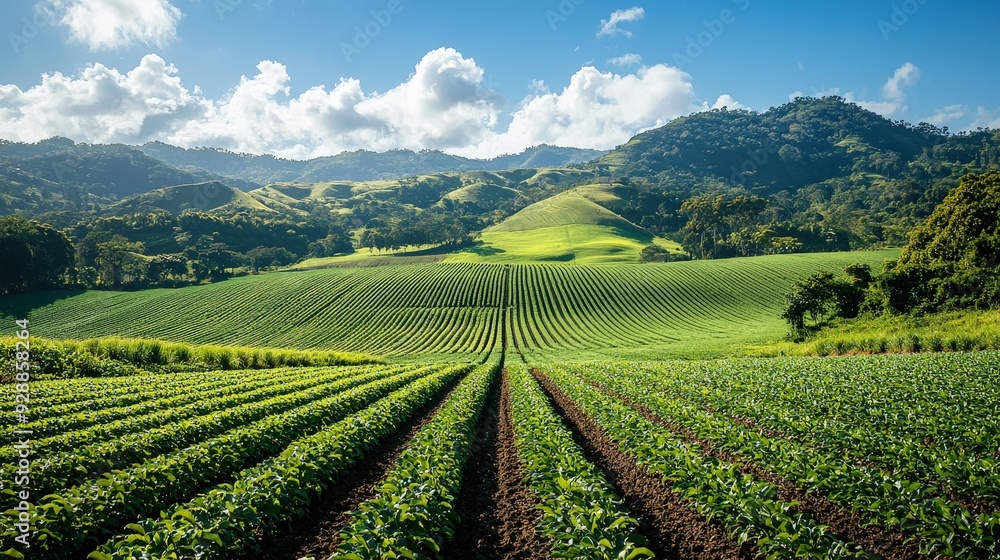 Rolling hills covered in vibrant green crops stretch under a clear blue sky with fluffy white clouds on a sunny day Rolling hills covered in vibrant green crops stretch under a clear blue sky with fluffy white clouds on a sunny day