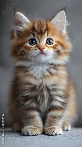 A fluffy, ginger kitten with big green eyes stares curiously at the camera.