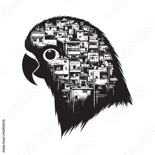 silhouette of Lovebird filled with ghetto street in rough drawing