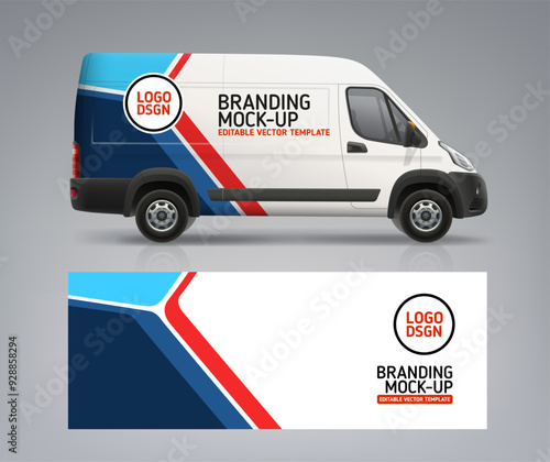 Realistic Branding Van mockup with wrap design. Abstract graphics on freight van. Company delivery vehicle. Branding vehicle. Horizontal banner or flyer design. Editable vector