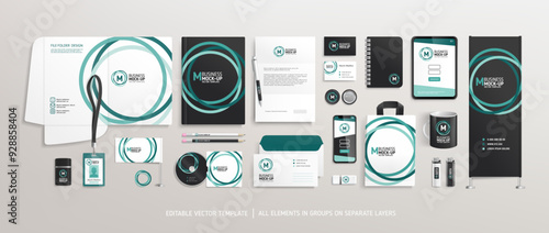 Brand Identity stationery Mockup set with abstract graphics design concept. Office stationary items mockup - editable vecotr emplate. Company corporate style design. Stationery Branding set