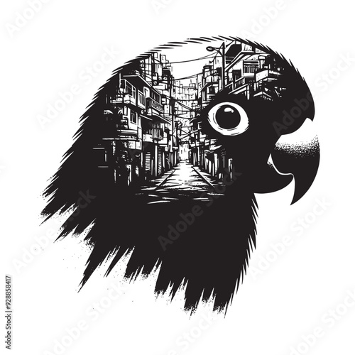 silhouette of Lovebird filled with ghetto street in rough drawing