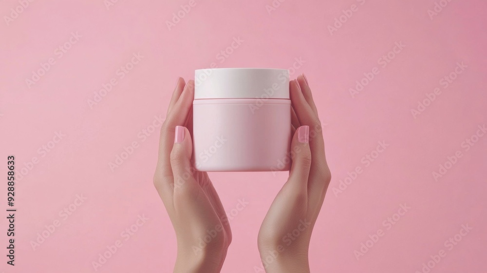 Elegant Pink Cosmetic Jar Held by Hands on Soft Pink Background Elegant Pink Cosmetic Jar Held by Hands on Soft Pink Background