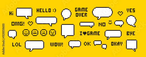 Pixel speech bubble icons set with messenger chat dialogue text in 8-bit retro video game. Empty pixel text bubble with space fore text. Chat signs and icons. Editable pixel vector design