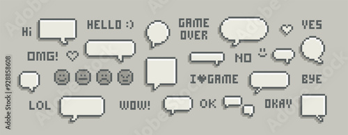 Monochrome speech bubble icons set with messenger chat dialogue text in 8-bit pixel retro video game. Empty pixel text bubble with space fore text. Chat signs and icons. Editable pixel vector design