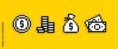 Pixel Money icons set. 8-bit Pixel Piggy Bank, coin, wallet and cash money icons. Accumulate and Saving money icons in 8-bit retro video game style. Editable pixel vector