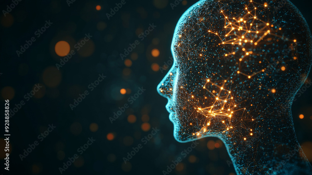 A side view of a humanoid head showcasing artificial neuronal connections, representing the concept of artificial intelligence. The 3D illustration highlights a neural network within the head. A side view of a humanoid head showcasing artificial neuronal connections, representing the concept of artificial intelligence. The 3D illustration highlights a neural network within the head.