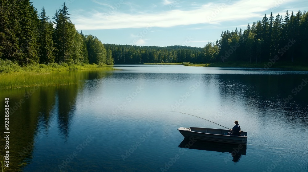 Naklejka premium Tranquil Lakeside Fishing Adventure in Serene Wilderness Landscape